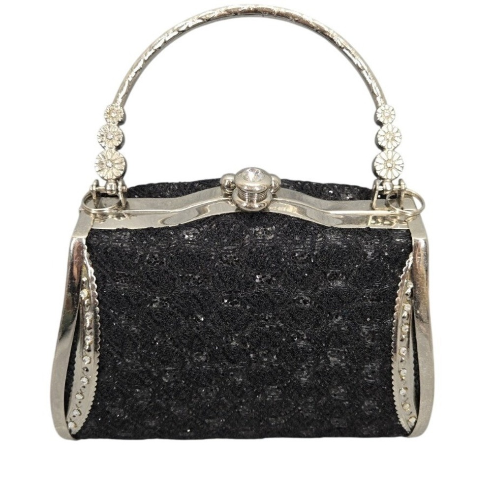 Vtg 90s Y2K Rhinestone Evening Handbag Handle Wedding Party Clutch Purse Black